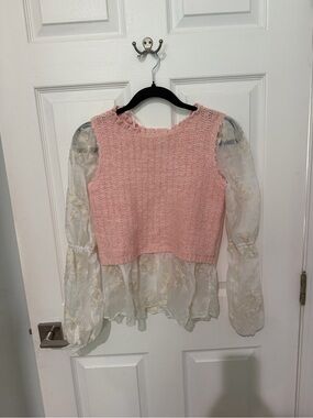Anthropologie Pink Knit Bodice with Sheer Cream Floral Sleeves